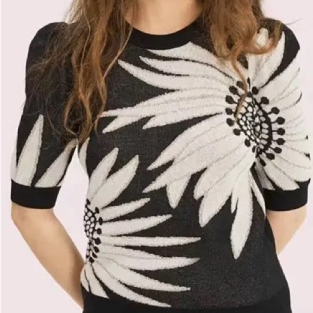 NWOT kate spade Black and Beige Floral Short-Sleeve Sweater